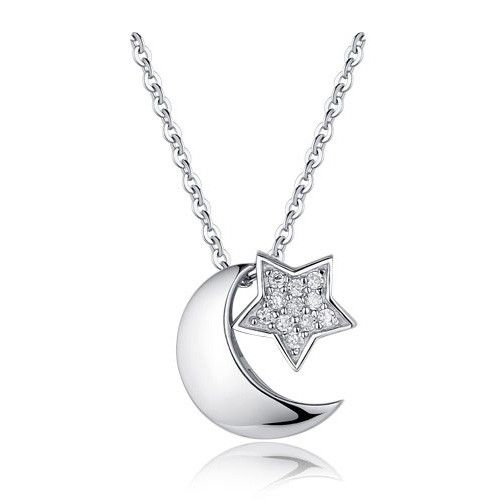 925 Argent Sterling Lune Et Étoile Avec Pendentif En Zircone Cubique Collier Pour Femmes
