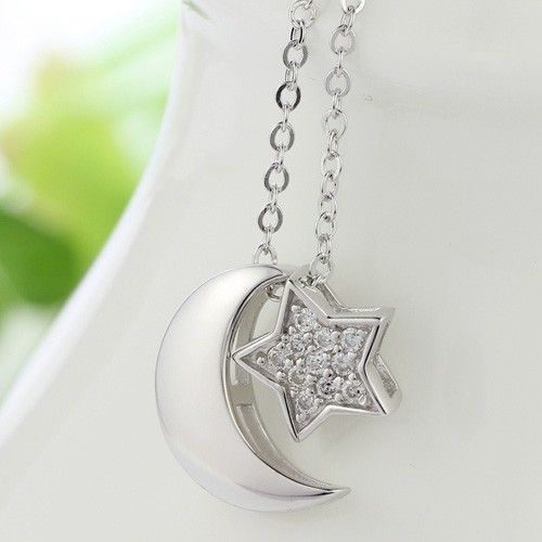 925 Argent Sterling Lune Et Étoile Avec Pendentif En Zircone Cubique Collier Pour Femmes