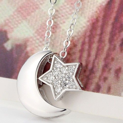 925 Argent Sterling Lune Et Étoile Avec Pendentif En Zircone Cubique Collier Pour Femmes