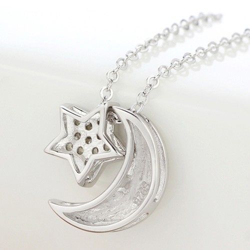 925 Argent Sterling Lune Et Étoile Avec Pendentif En Zircone Cubique Collier Pour Femmes