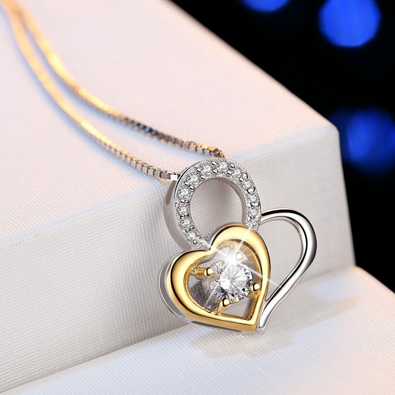 Collier Créatif Coeur À Coeur En Argent Sterling 925 Plaqué Or Incrusté De Zircone Cubique