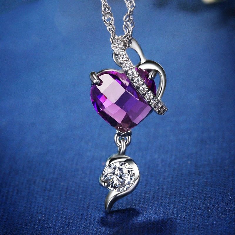 Collier CZ En Forme De Coeur Violet Incrusté D'argent Sterling 925 Classique