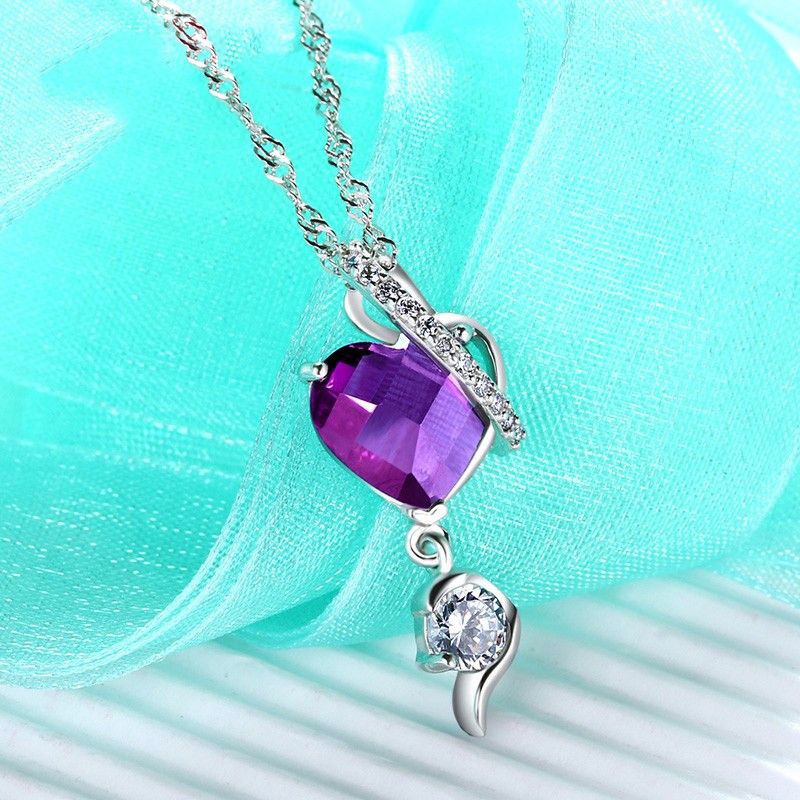 Collier CZ En Forme De Coeur Violet Incrusté D'argent Sterling 925 Classique