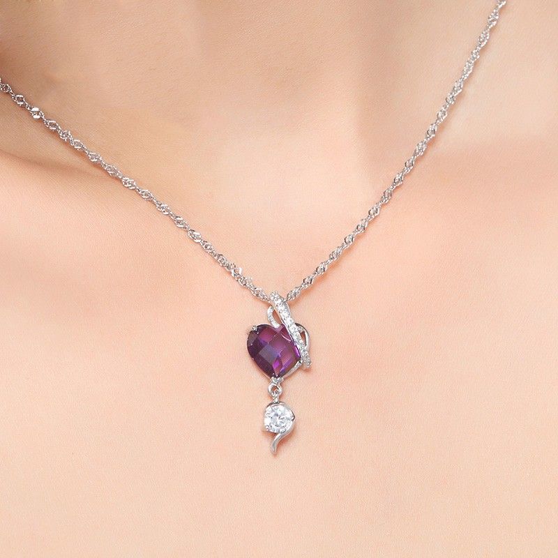 Collier CZ En Forme De Coeur Violet Incrusté D'argent Sterling 925 Classique