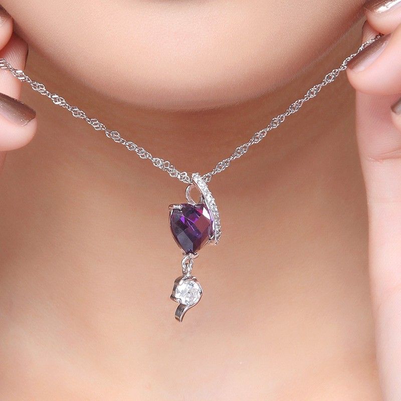 Collier CZ En Forme De Coeur Violet Incrusté D'argent Sterling 925 Classique