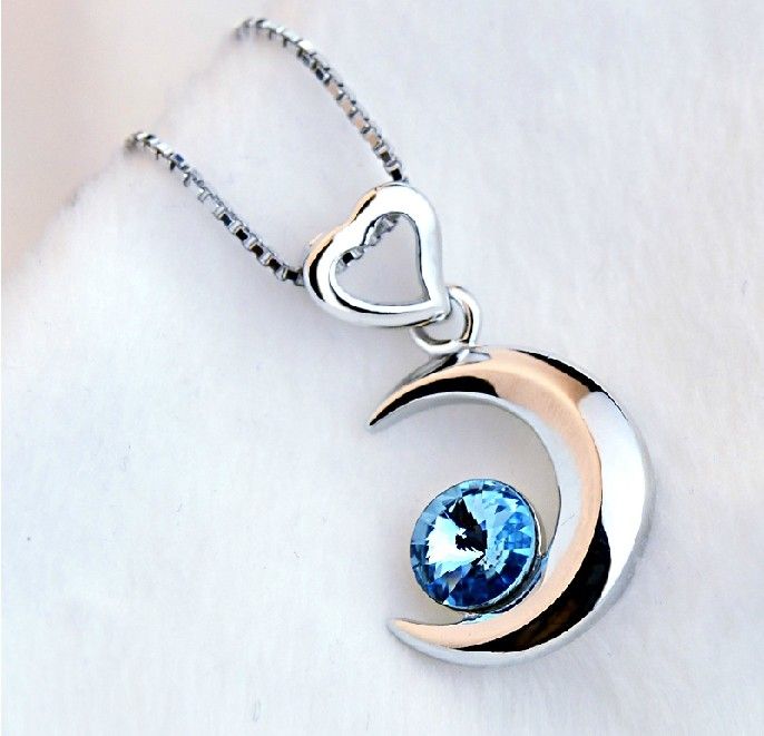 Collier Pour Femme En Argent Sterling 925 Avec Cristal Bleu Et Lune