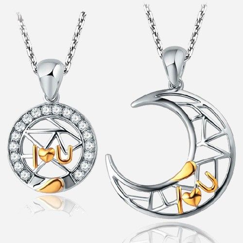 Collier Romantique Amoureux De La Lune Et Du Soleil En Plaqué Argent (prix Pour Une Paire)