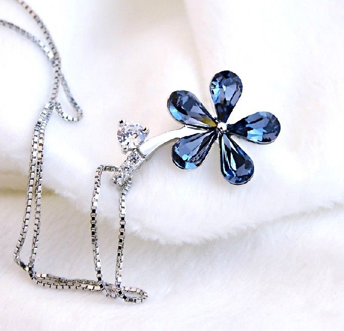 Collier Sauvage En Argent Sterling 925 Avec Fleurs En Cristal Bleu