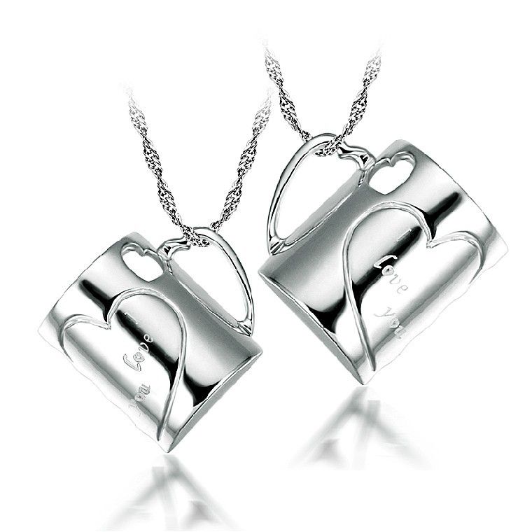 Coupe En Forme De Coeur Colliers De Couple En Argent Sterling 925