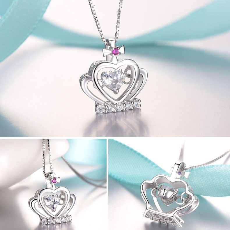 "love You" 925 Collier En Forme De Coeur Avec Pendentif Couronne En Argent