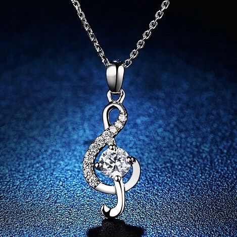 Nouveau Joli Collier De Style Note De Musique En Argent 925 Avec Strass