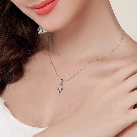 Nouveau Joli Collier De Style Note De Musique En Argent 925 Avec Strass