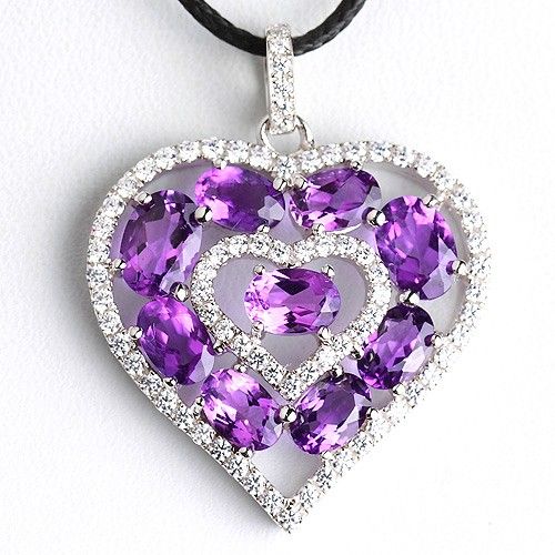 Pendentif En Cristal Violet Naturel En Forme De Coeur Collier En Argent Sterling 925 Plaqué Platine