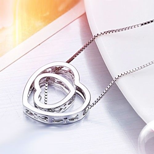 Pendentif À Deux Coeurs Découpés En Argent Sterling 925 Collier De Style Simple Pour Les Femmes