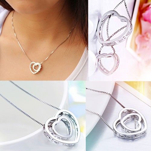 Pendentif À Deux Coeurs Découpés En Argent Sterling 925 Collier De Style Simple Pour Les Femmes