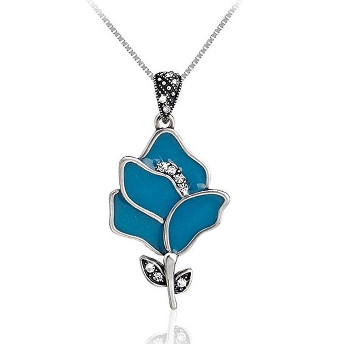 Pendentif Fleur En Émail Bleu En Argent Sterling 925 Avec Incrustation De CZ