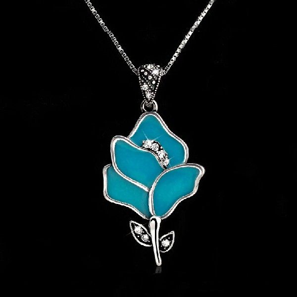 Pendentif Fleur En Émail Bleu En Argent Sterling 925 Avec Incrustation De CZ