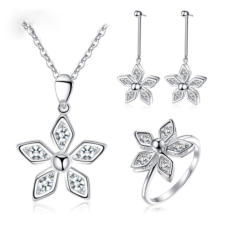 Bonheur Cinq Feuilles Fleur 925 Argent Personnalité De La Mode Collier De Dame Boucle D'oreille Ensemble De Bague