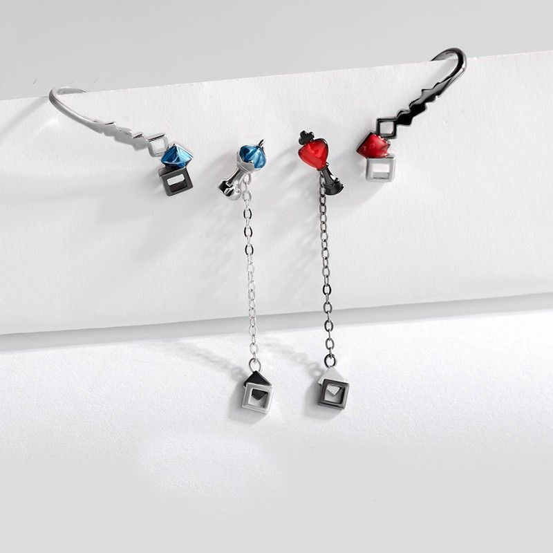 Chess S925 Argent Sterling Rouge Ou Bleu Une Paire De Boucles D'oreilles Pour Filles Adolescents Garçons Étudiants Femmes