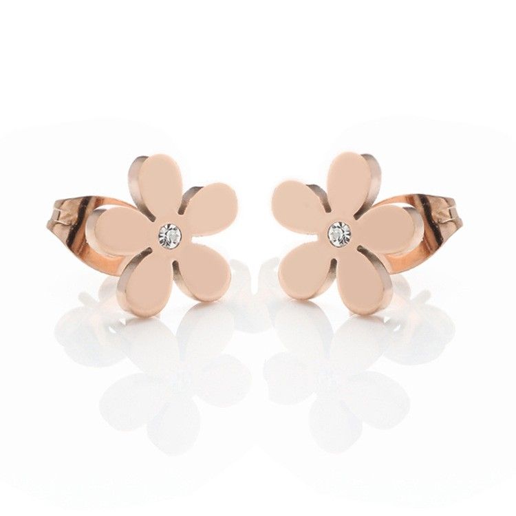 Fleur En Or Rose 18 Carats Avec Boucles D'oreilles En Cristal