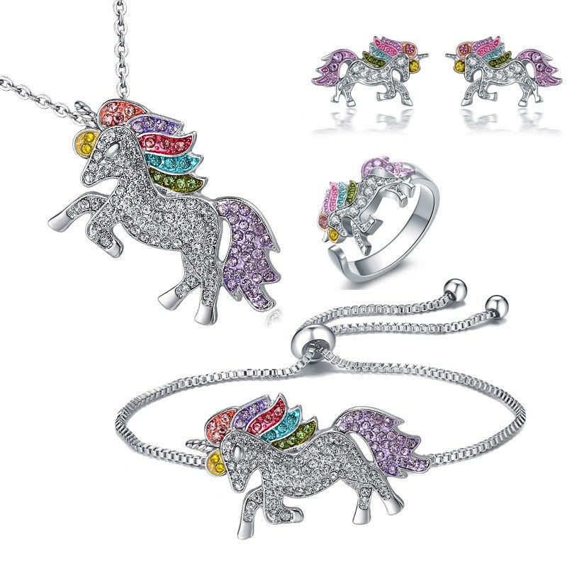 2019 Mode Dessin Animé Mignon Licorne Saint Valentin Cadeau Anneaux Colliers Boucles D'oreilles Bracelets