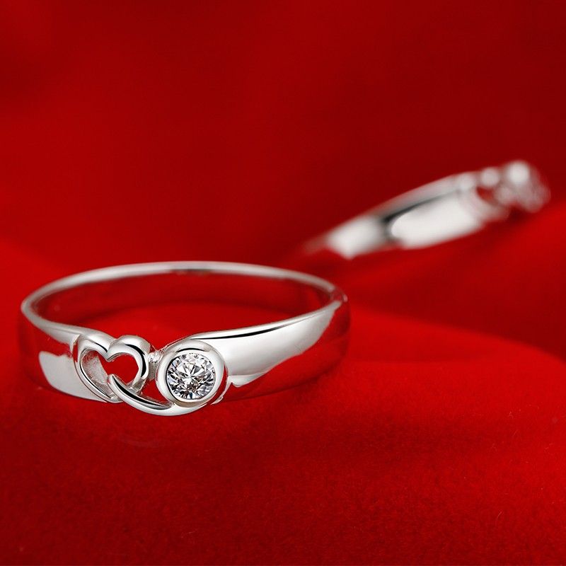 925 Argent Incrusté CZ Creux En Forme De Coeur Anneaux De Couple De Mode