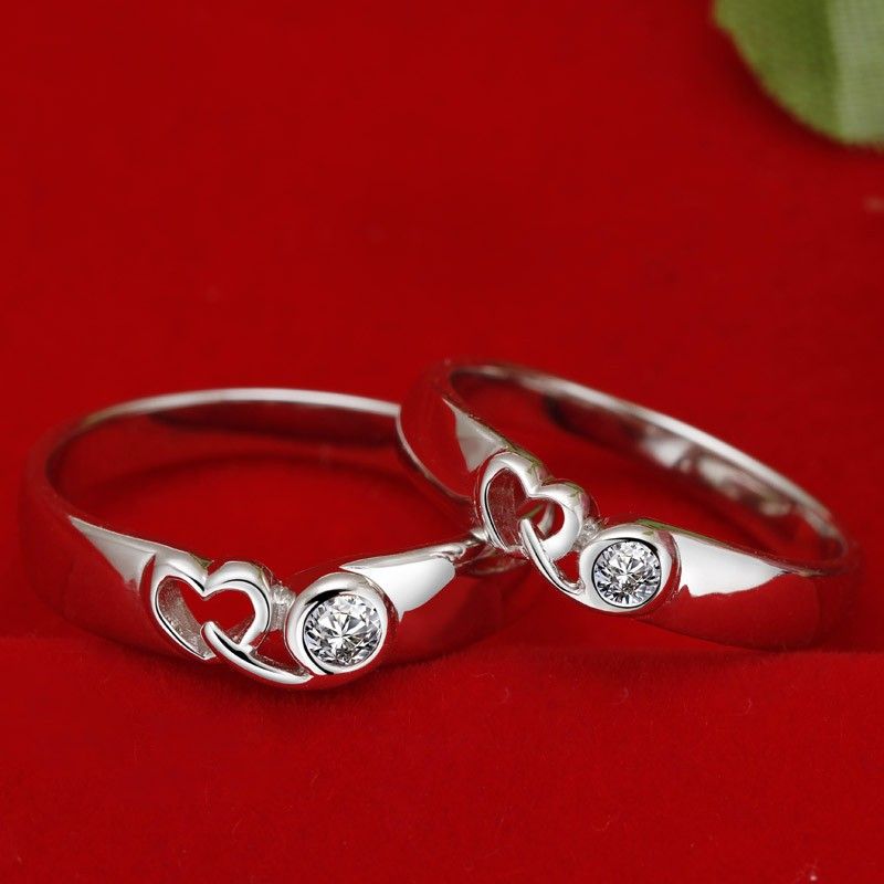 925 Argent Incrusté CZ Creux En Forme De Coeur Anneaux De Couple De Mode