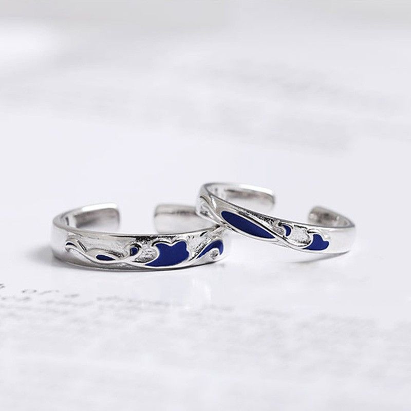 Anneaux De Couple En Argent Sterling S925 Unique Deep Sea Blue