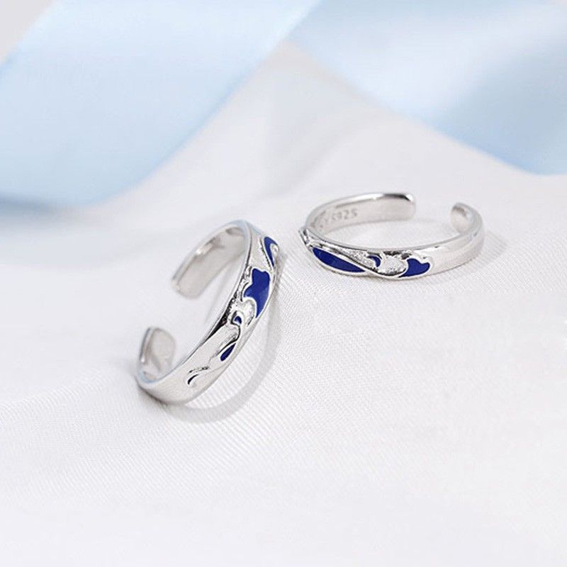 Anneaux De Couple En Argent Sterling S925 Unique Deep Sea Blue