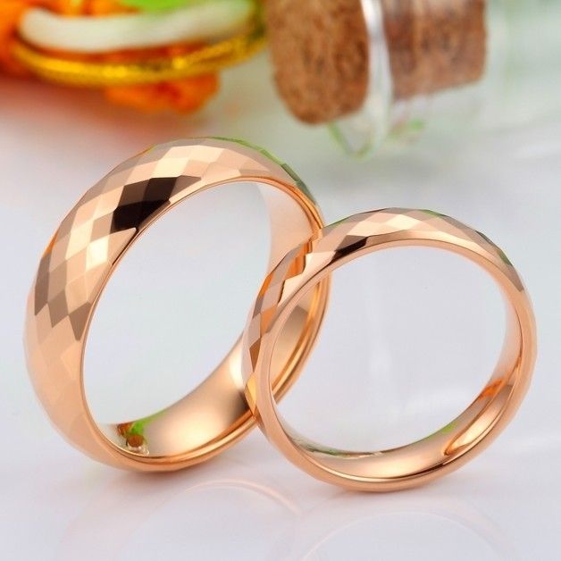 Anneaux De Couple Plaqués Or Rose En Acier Au Tungstène Diamant Simple Coréen