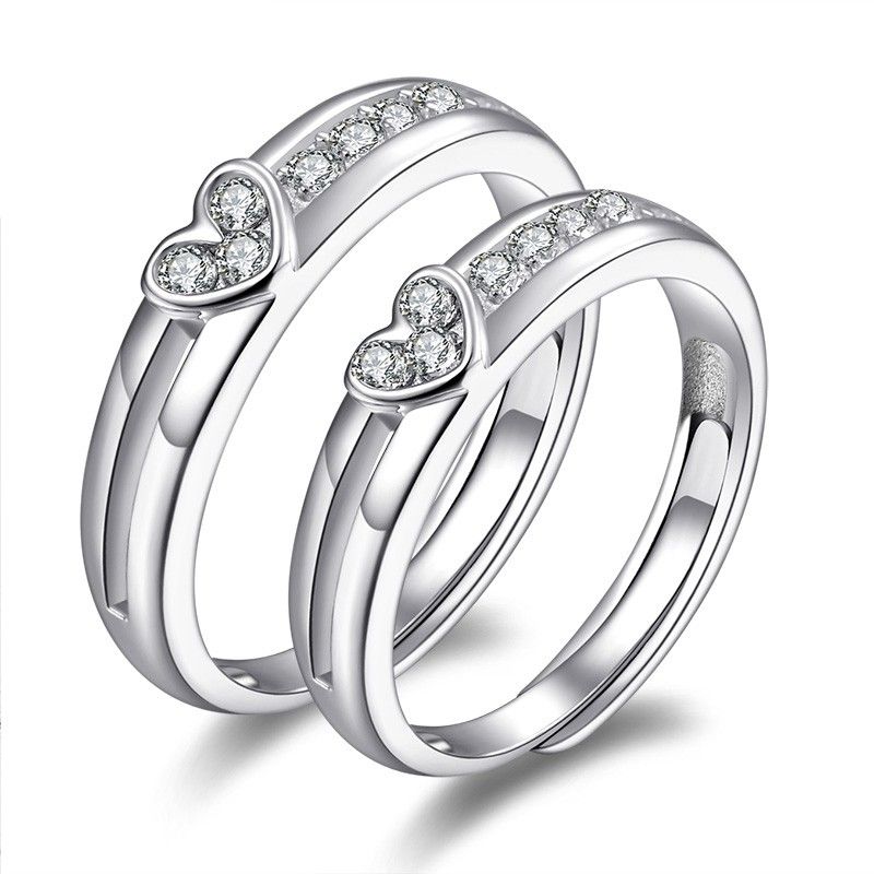 Anneaux De Couple En Zircone Cubique Incrustés En Argent Sterling 925 En Forme De Coeur Poli Fin