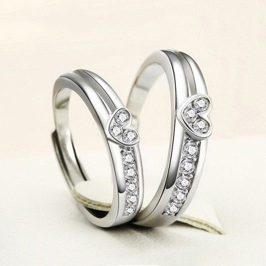 Anneaux De Couple En Zircone Cubique Incrustés En Argent Sterling 925 En Forme De Coeur Poli Fin