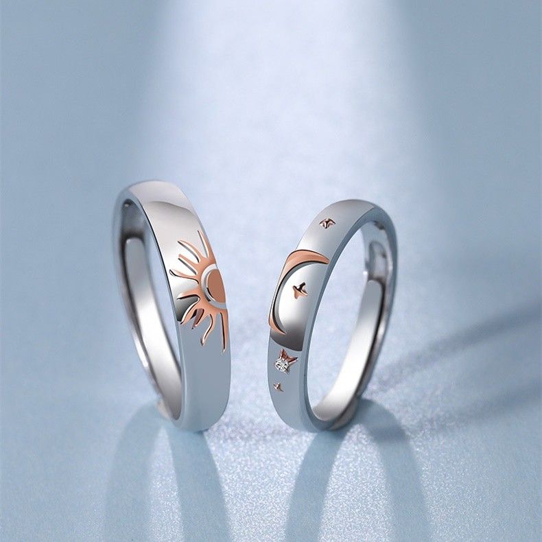 Anneaux De Promesse Ajustables Assortis Au Soleil Et À La Lune Pour Couples En Argent Sterling