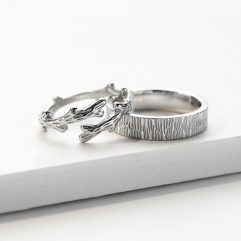 Anneaux De Promesse Assortis À La Forêt D'amour Ajustables Pour Couples En Argent Sterling