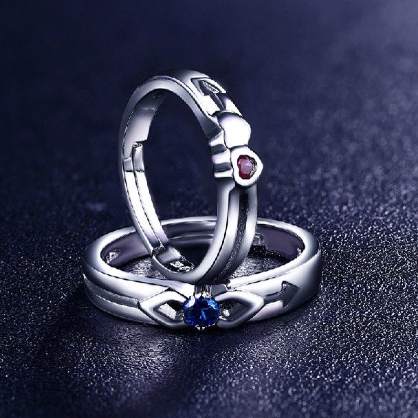 Bague D'amant En Argent Sterling 925 Avec Flèche De Cupidon Ajustable En Corindon Rouge / Bleu