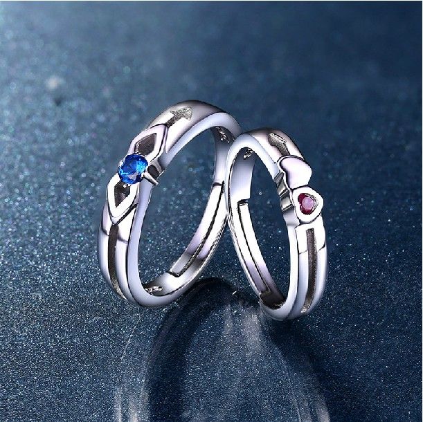 Bague D'amant En Argent Sterling 925 Avec Flèche De Cupidon Ajustable En Corindon Rouge / Bleu