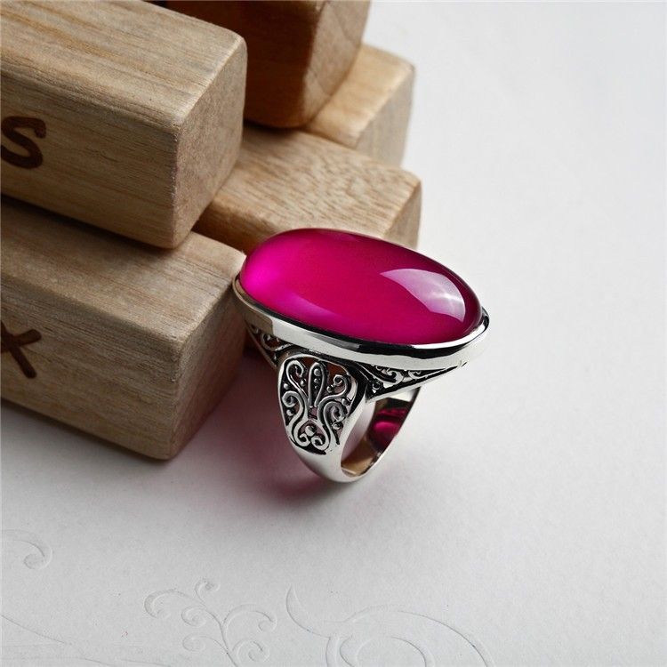 Bague En Corindon Rouge Incrustée En Argent Sterling 925 Sculpté Exagéré À La Mode