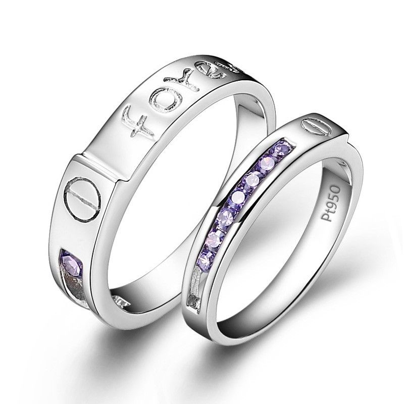 Bague Couple Plaqué Platine Incrusté Violet CZ "forever Love" En Argent Sterling