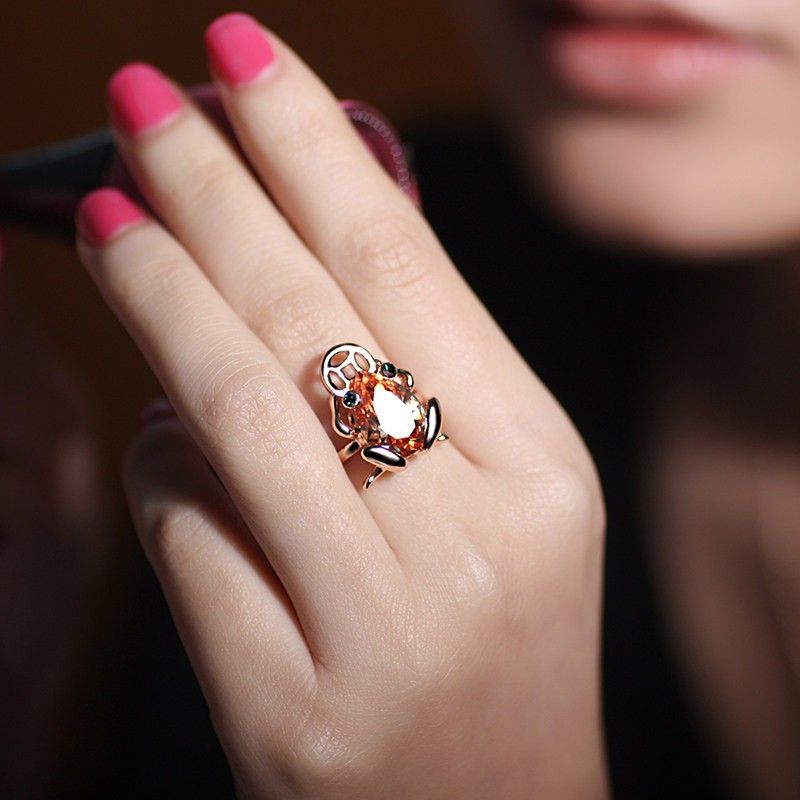 Bague En Cristal Jaune Incrusté D'alliage De Forme De Crapaud Doré Mignon Pour Femme