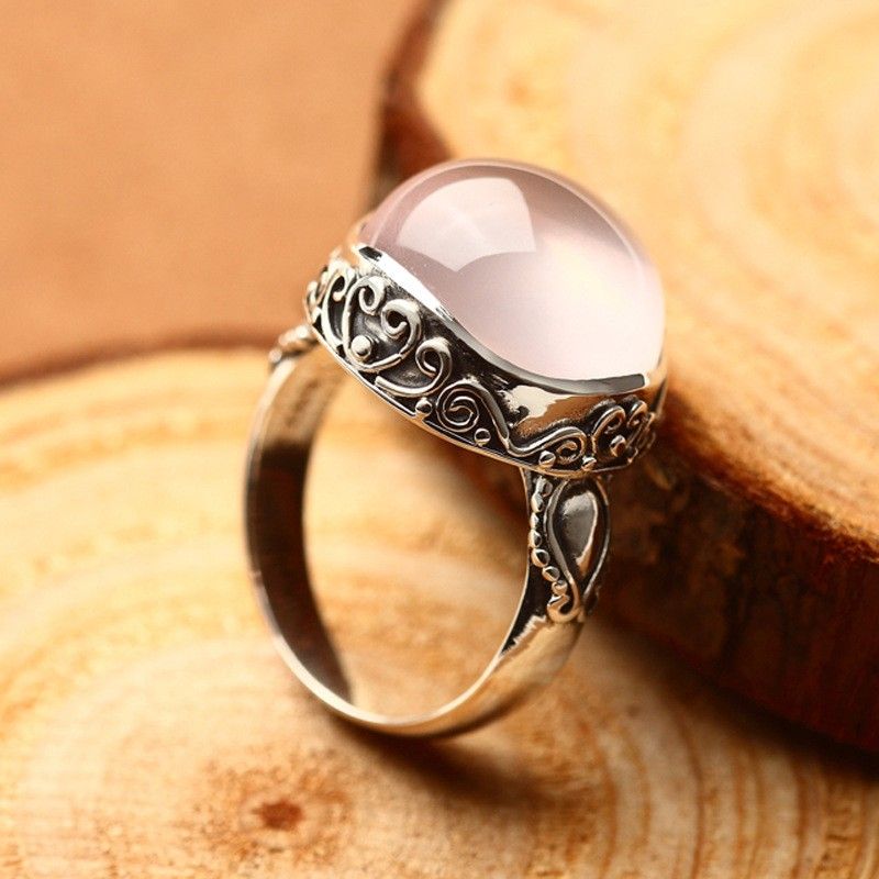 Bague En Cristal Rose Naturel Incrusté D'argent Sterling 925 De Luxe Rétro