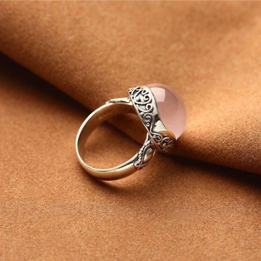 Bague En Cristal Rose Naturel Incrusté D'argent Sterling 925 De Luxe Rétro