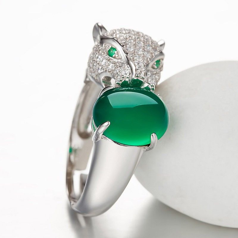 Bague Dominante En Argent 925 Incrusté De Calcédoine Verte Naturelle En Forme De Léopard