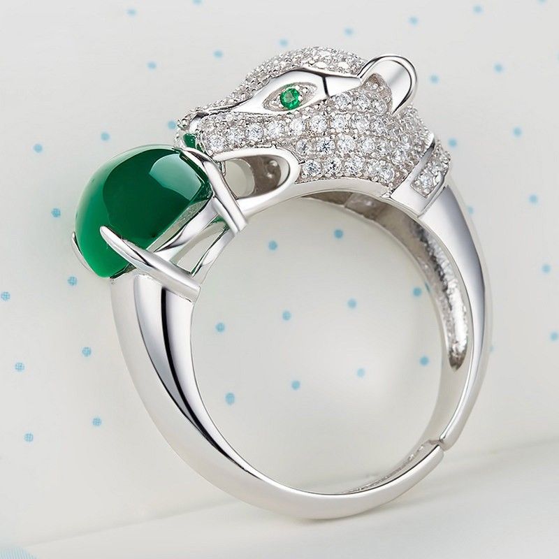 Bague Dominante En Argent 925 Incrusté De Calcédoine Verte Naturelle En Forme De Léopard