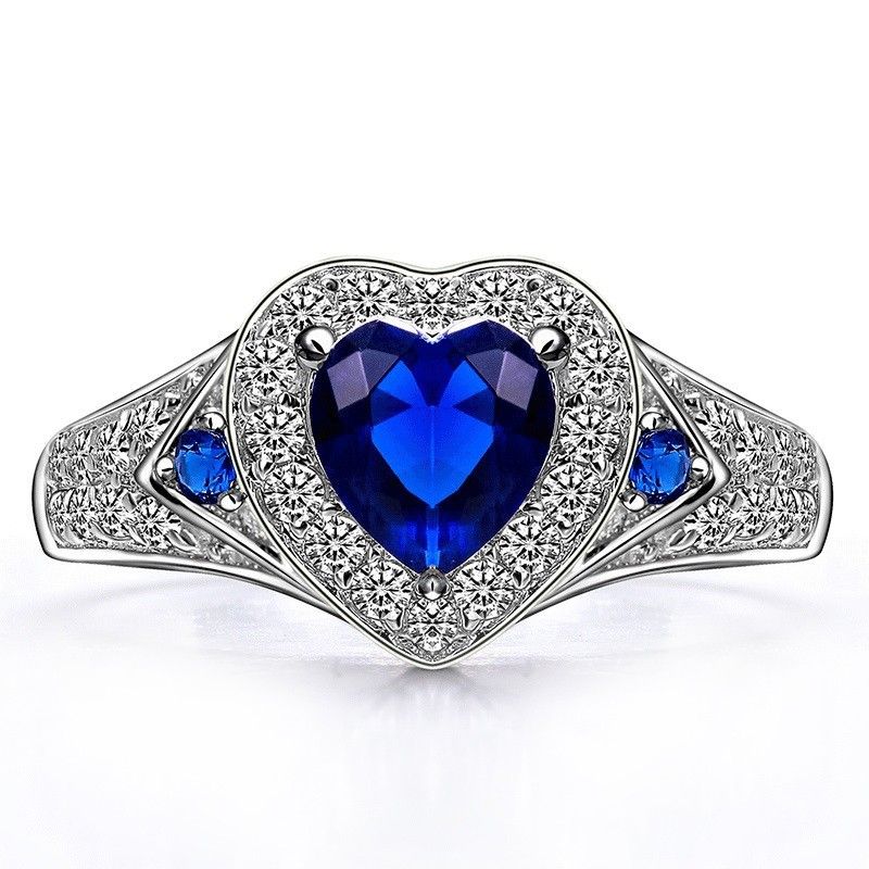 Bague De Fiançailles Incrustée CZ En Forme De Coeur En Argent Sterling 925 Brillant Saphir Bleu