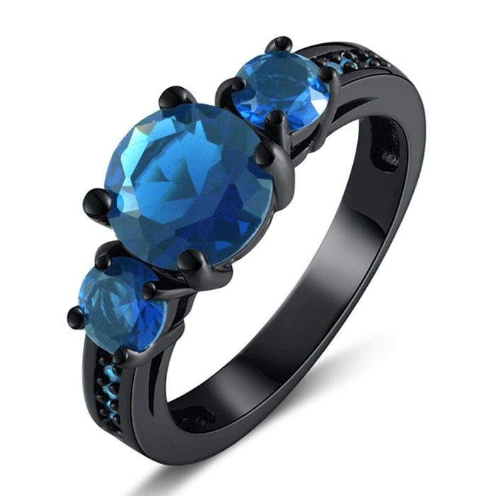 Bague De Fiançailles / De Mariage Plaquée Or Noir Saphir Bleu Coupe Ronde Pour Femmes