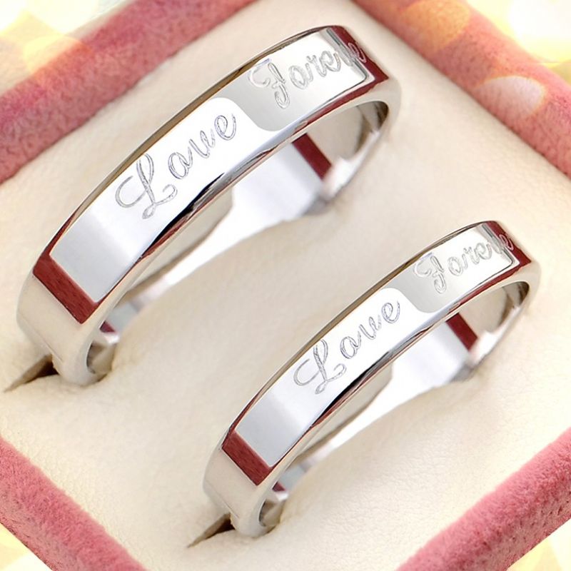 Bagues D'amant En Argent Sterling 925 Plaquées Or Blanc Avec Inscription Love Forever (prix Pour Une Paire)