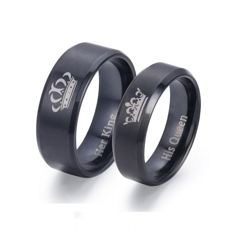 Bagues Roi Et Reine Pour Couples - 2pcs Ses Ensembles De Bague Assortie En Acier Inoxydable Pour Lui Et Elle - Alliance De Fiançailles Promise Noir Confort Fit