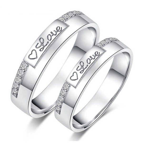 Coeur D'amour Bague Couple En Argent Sterling 925 Plaqué Or Blanc (prix Pour Une Paire)