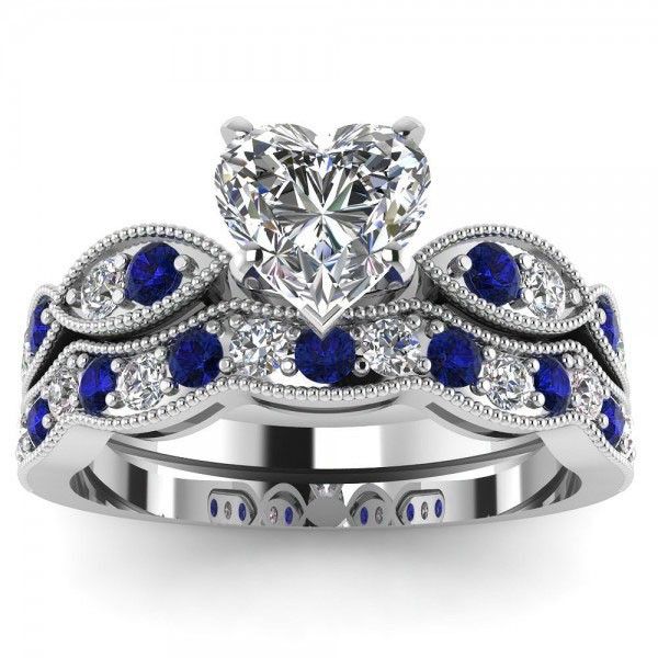 Coeur Coupé Créé Saphir Blanc Avec Pierre Latérale Bleue Plaqué Rhodium 925 Bague De Mariage Pour Femme En Argent Sterling / Ensemble De Mariée