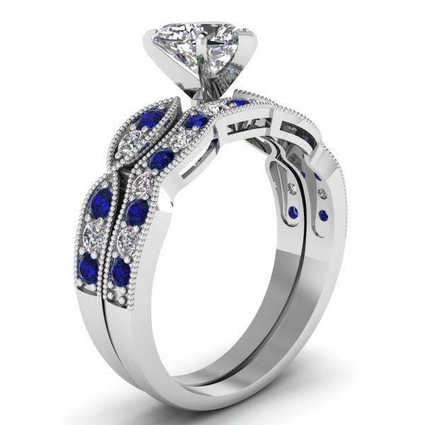 Coeur Coupé Créé Saphir Blanc Avec Pierre Latérale Bleue Plaqué Rhodium 925 Bague De Mariage Pour Femme En Argent Sterling / Ensemble De Mariée